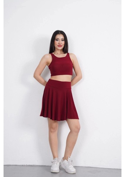 Sendy Kumaş Bisiklet Yaka Crop Şortlu Etek Ikili Takım - Bordo fiyatları