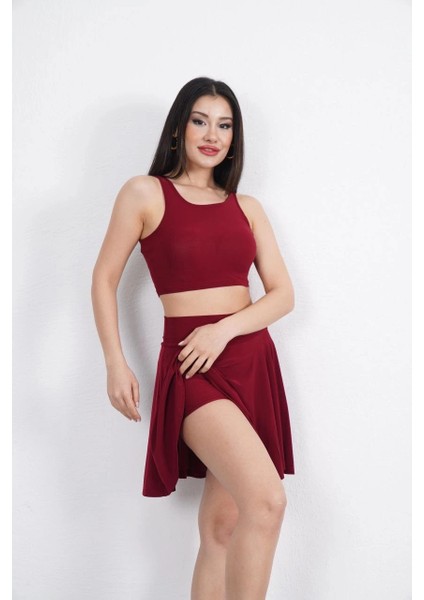 Sendy Kumaş Bisiklet Yaka Crop Şortlu Etek Ikili Takım - Bordo modelleri