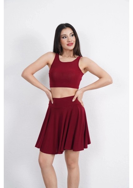 Sendy Kumaş Bisiklet Yaka Crop Şortlu Etek Ikili Takım - Bordo fırsatları