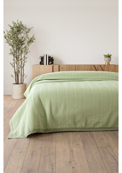 Tek Kişilik Dantelli Waffle PIKE-160X230 Cm-Fıstık Yeşili Petek Pike