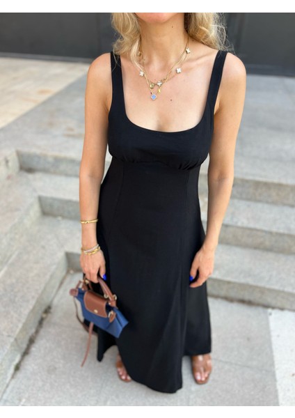 Askılı Keten Uzunboy Elbise