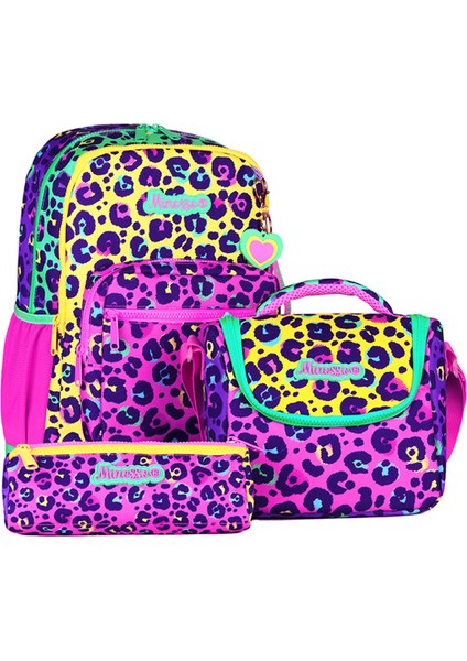 Renkli Leopar Desenli Kız Çocuk İlkokul 3'lü Çanta Seti MINOSSOSET1002
