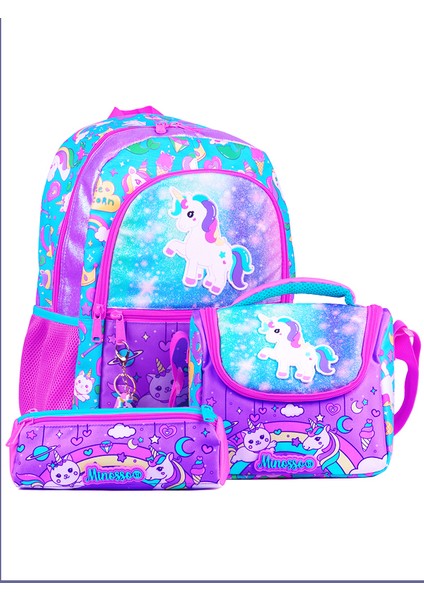Simli Unicorn Desenli Kız Çocuk İlkokul 3'lü Çanta Seti MINOSSOSET1007