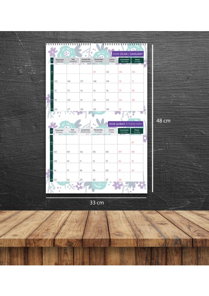 2026 Renkli Duvar Planlama TAKVİMİ-33X48CM-6 Sayfa