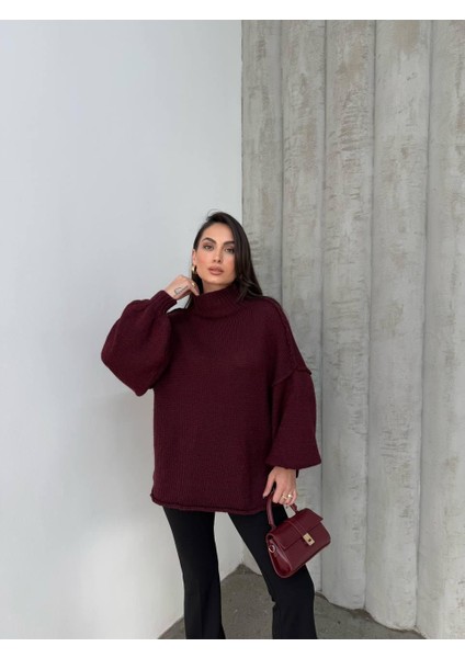 Bordo Kalın Uzun Balıkçı Yaka Kazak