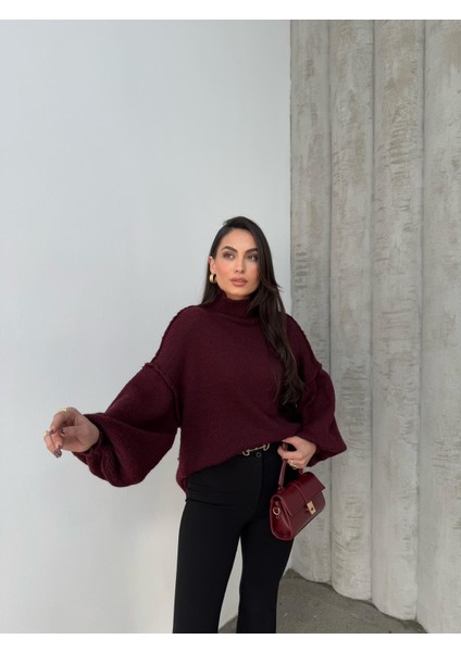 Bordo Kalın Uzun Balıkçı Yaka Kazak modelleri