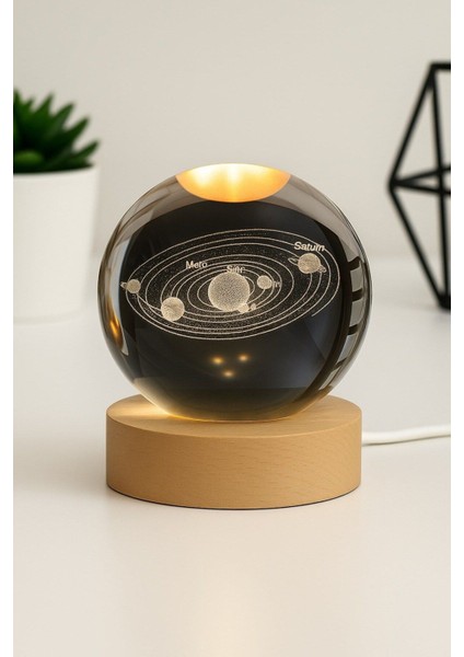 Ledli Usb'li Ahşap Standlı Güneş Sistemi Temalı Kristal Küre Gün Işığı 3D Oda Masa ve Gece Lambası