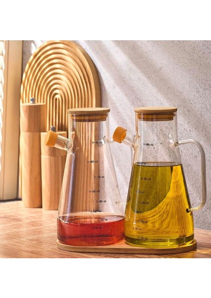 2'li Bambu Kapaklı Cam Yağdanlık ve Stand ile Birlikte Cam Yağlık- Sirkelik 900ML