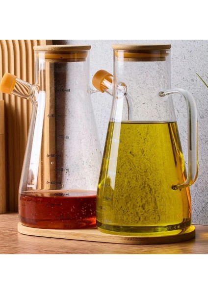 2'li Bambu Kapaklı Cam Yağdanlık ve Stand ile Birlikte Cam Yağlık- Sirkelik 900ML modelleri