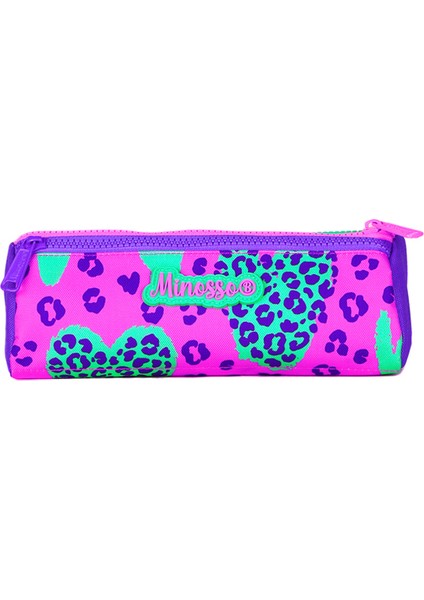 Leopar Kalp Desenli Kız Çocuk Üç Bölmeli Kalem Çantası 6004