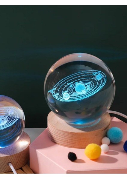 Ledli Usb'li Ahşap Standlı Güneş Sistemi Küre Temalı Kristal renkli Rgb 3D Oda Masa ve Gece Lambası