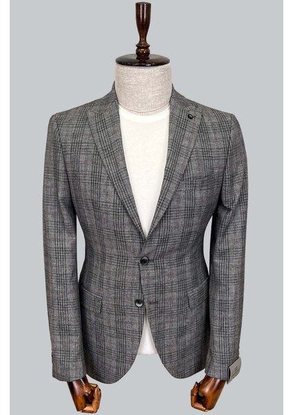 Koyu Gri Sivri Yaka Ekose Ceket 4237-24