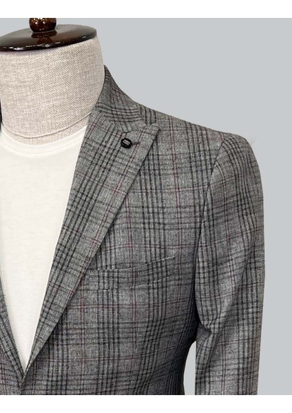 Koyu Gri Sivri Yaka Ekose Ceket 4237-24 fiyatları