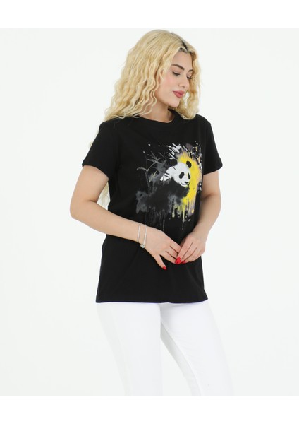 Panda Baskılı Tshirt Siyah modelleri