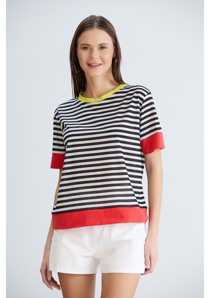 Etek ve Kol Bantlı Tshirt Nar