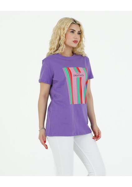 Creativity Baskılı Tshirt Mor modelleri