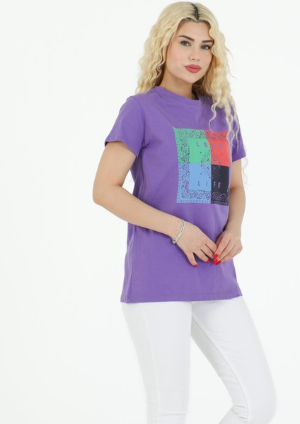Şal Desenli Tshirt Mor modelleri