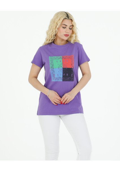 Şal Desenli Tshirt Mor fırsatları