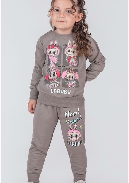 3-10 Yaş Labubu Kare Kız Eşofman Takım- 8227245 - Gri