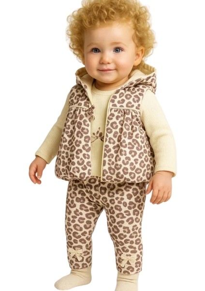Hippıl Leopar Desenli Yelekli Kız 3lü TAKIM-2041422 - Krem