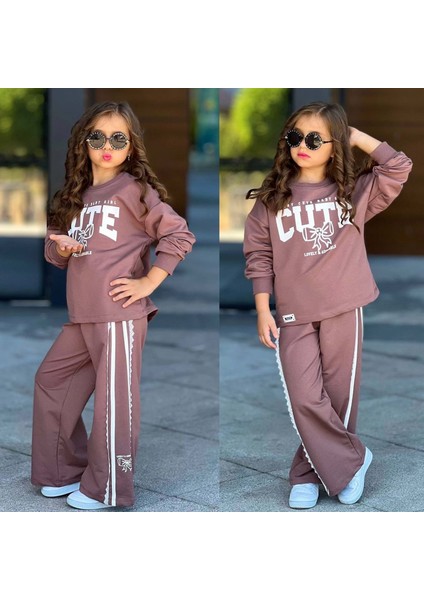 5-14 Yaş Kız Cute Baskılı Eşofman Takım- 6415500 - Kahverengi