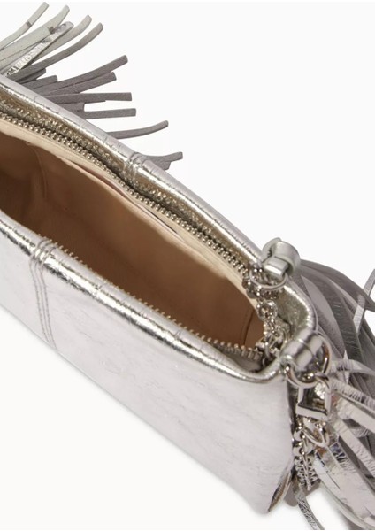 Miss M Metalik Deri Clutch Gümüş Renk, Püskül Detaylı, Zincir Askılı Şık Çanta fırsatları
