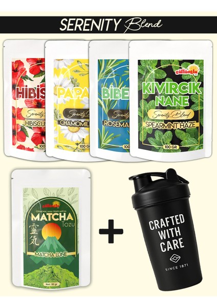 5'li Çay Serisi + Shaker (Matcha-Hibiskus-Papatya-Biberiye-Kıvırcık Nane)