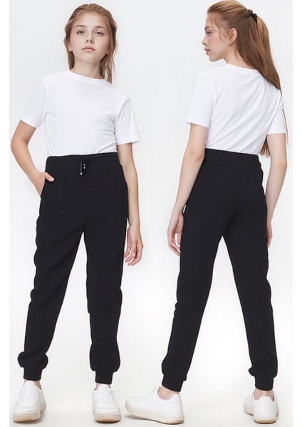 Kız Çocuk Siyah Pamuklu Okul Pantolonu Lastikli Bel ve Paça Rahat KESIM-PNT-2027-K