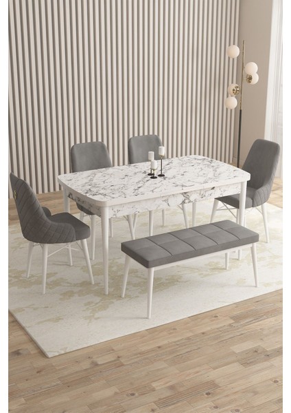 Mazaka Beyaz Mermer 80X132 Açılabilir Mdf Masa Yemek Odası Takımı, Mutfak Takımı 4 Sandalye 1 Bench