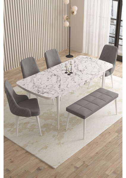 Mazaka Beyaz Mermer 80X132 Açılabilir Mdf Masa Yemek Odası Takımı, Mutfak Takımı 4 Sandalye 1 Bench fiyatları