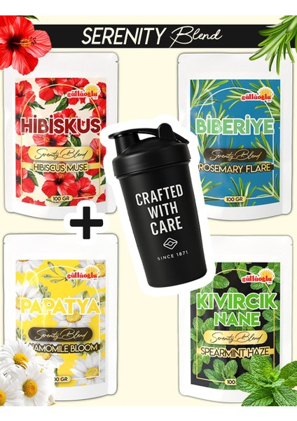 4'lü Bitki Çayı Serisi + Shaker (Hibiskus-Papatya-Biberiye-Kıvırcık Nane)