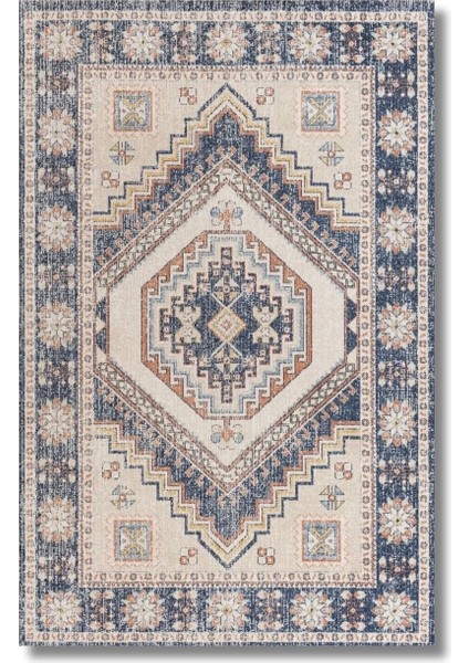 Drom Dokuma Taban Makinede Yıkanabilen Kilim Kaymaz Mavi Vintage Halı