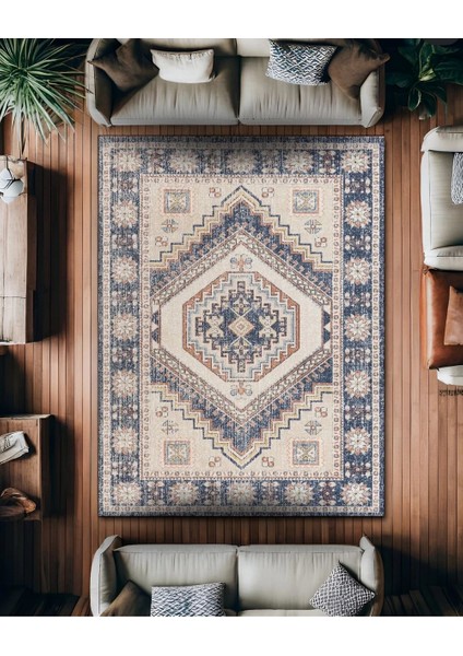Drom Dokuma Taban Makinede Yıkanabilen Kilim Kaymaz Mavi Vintage Halı fiyatları