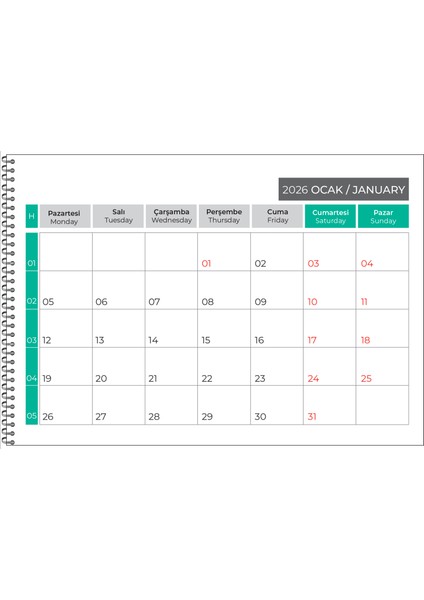 2026 Masaüstü Defter Planlama TAKVİMİ-23X33 cm