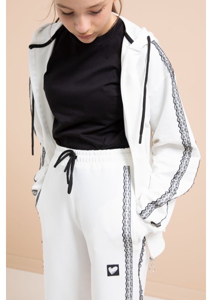 Beyaz Dantel Şeritli Hırkalı Kız Çocuk 2li Eşofman Takımı 21246 fiyatları