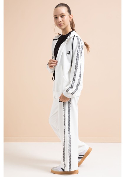 Beyaz Dantel Şeritli Hırkalı Kız Çocuk 2li Eşofman Takımı 21246 modelleri