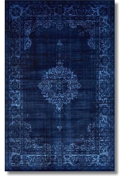 Drom Dokuma Taban Makinede Yıkanabilen Kilim Kaymaz Şönil Mavi Vintage Halı