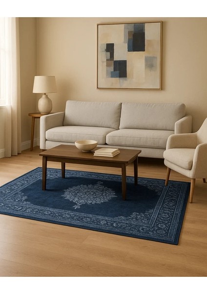 Drom Dokuma Taban Makinede Yıkanabilen Kilim Kaymaz Şönil Mavi Vintage Halı fırsatları