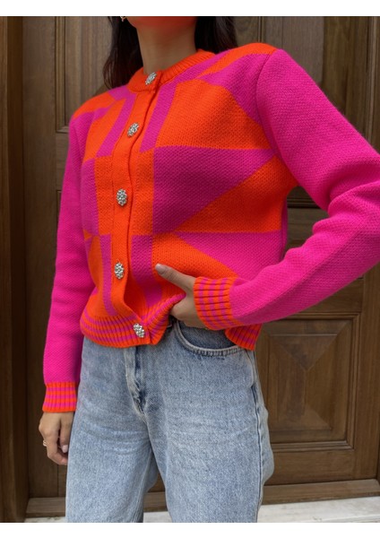HRK0004 Kadın Fuşya Geometrik Desenli Düğmeli Triko Hırka fiyatları