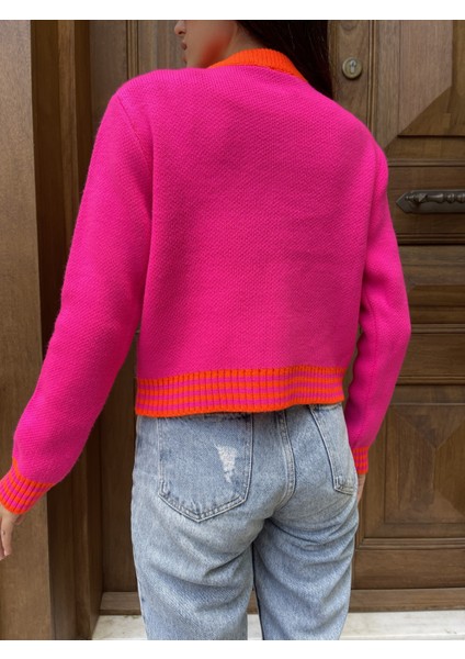HRK0004 Kadın Fuşya Geometrik Desenli Düğmeli Triko Hırka indirimleri