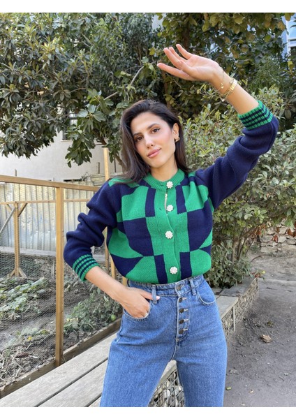 HRK0004 Kadın Fuşya Geometrik Desenli Düğmeli Triko Hırka fiyatları