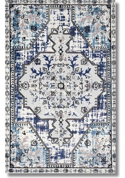 Drom Dokuma Taban Makinede Yıkanabilen Kilim Kaymaz Şönil Mavi Retro Halı