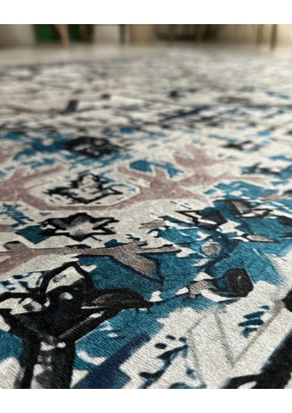 Drom Dokuma Taban Makinede Yıkanabilen Kilim Kaymaz Şönil Mavi Retro Halı fiyatları