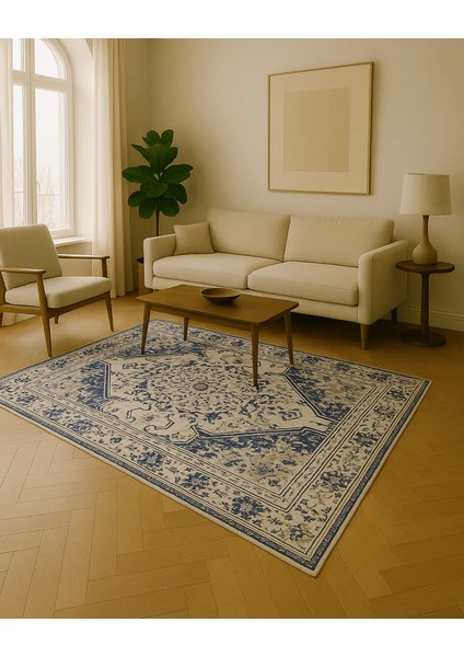 Drom Dokuma Taban Makinede Yıkanabilen Kilim Kaymaz Şönil Mavi Retro Halı fırsatları