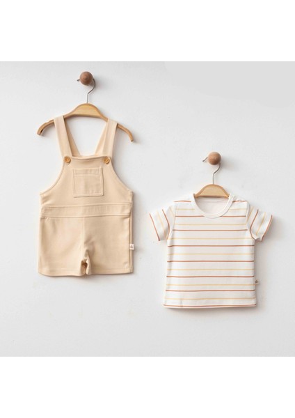 Çizgili Tshırt Kısa Salopet Takım Bej
