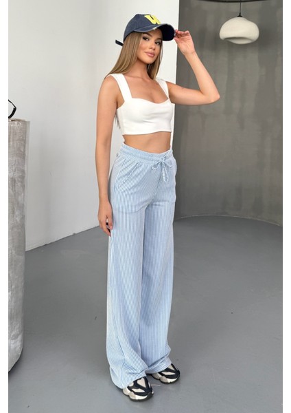 Stria Kadın Çizgili Lastikli Bol Paça Mavi Pantolon – Yazlık Rahat Stil ve Günlük Şıklık