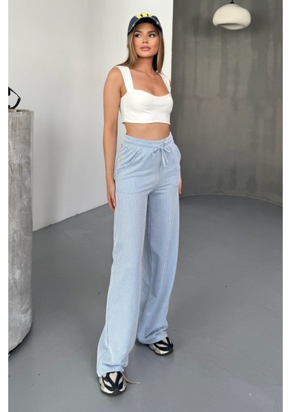 Stria Kadın Çizgili Lastikli Bol Paça Mavi Pantolon – Yazlık Rahat Stil ve Günlük Şıklık fiyatları