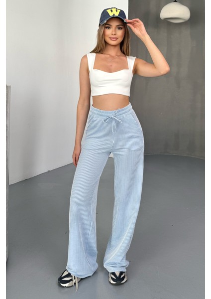 Stria Kadın Çizgili Lastikli Bol Paça Mavi Pantolon – Yazlık Rahat Stil ve Günlük Şıklık modelleri
