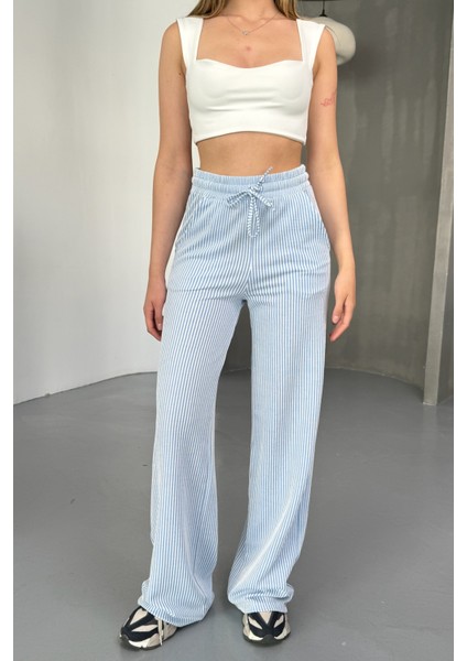Stria Kadın Çizgili Lastikli Bol Paça Mavi Pantolon – Yazlık Rahat Stil ve Günlük Şıklık fırsatları