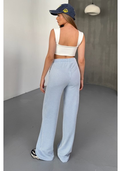 Stria Kadın Çizgili Lastikli Bol Paça Mavi Pantolon – Yazlık Rahat Stil ve Günlük Şıklık indirimleri